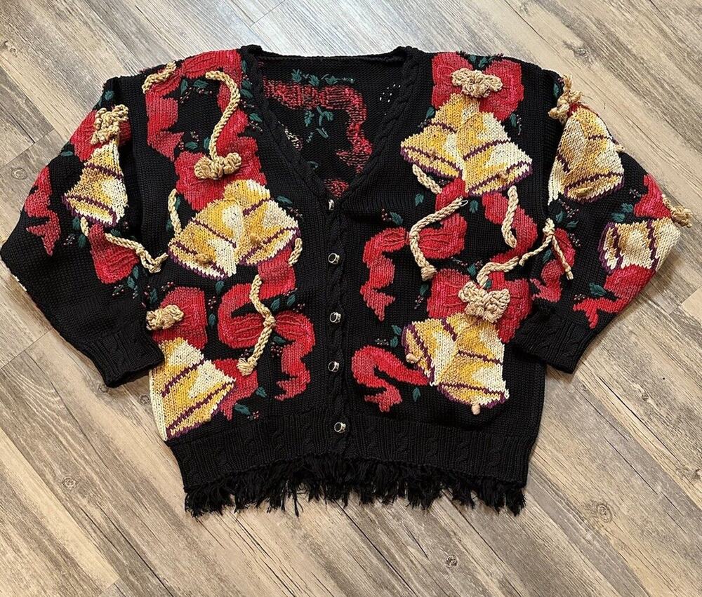 Vtg Traditional Trading Co Hand Knitted Sweater Bells Bows Size Medium Christmas